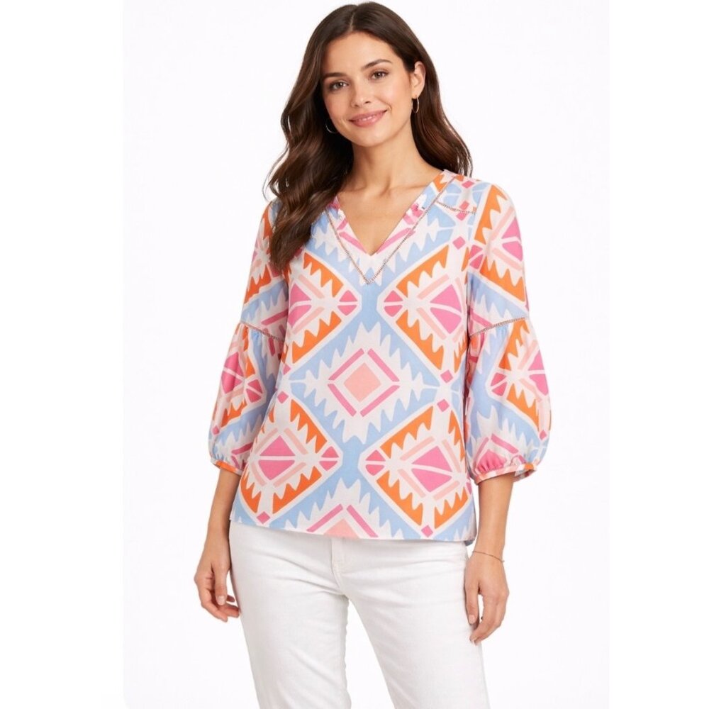 Crosby By Mollie Burch Weezie Print Blouse Size S Multicolor Geometric V-Neck
